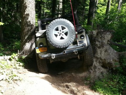 2005 Jeep Wrangler - Jeep Wrangler navigating a tight spot on a wooded trail, with its rear facing the camera.