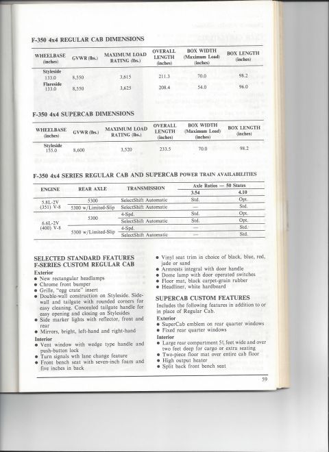 1979 Ford Bronco - Page 59 of a Ford buyer's guide showing F-350 4x4 Regular Cab and SuperCab dimension tables (133.0- and 155.0-inch wheelbases, 8,550/8,600…