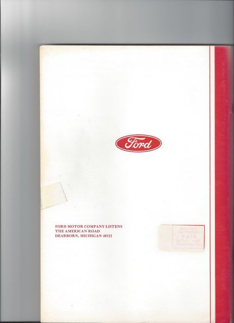 1979 Ford Bronco - Scanned back cover of a Ford Motor Company mailer, white stock with a red vertical band along the right edge and the red Ford blue-oval scr…