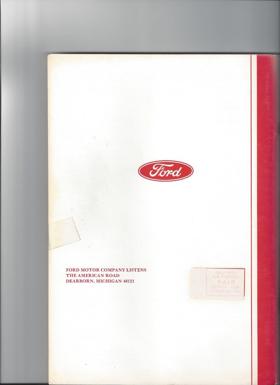 Back cover of Ford Motor Company booklet with red Ford oval logo and Dearborn bulk-rate postage indicia
