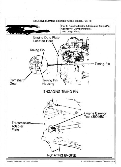 1992 Ford Bronco - Scanned service-manual figure showing how to engage the timing pin and rotate the engine using the barring tool on a 5.9L Cummins B-series…