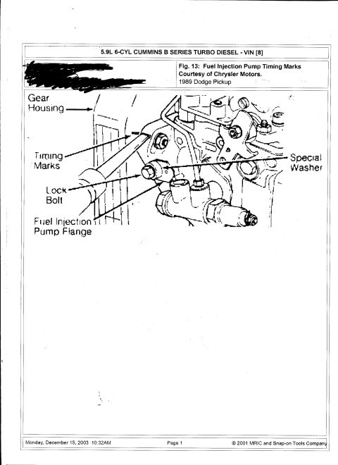 1992 Ford Bronco - Scanned service-manual figure identifying gear housing, timing marks, lock bolt and fuel injection pump flange on a 5.9L Cummins diesel.