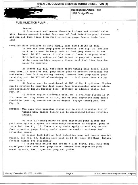 1992 Ford Bronco - Service procedure page detailing fuel injection pump removal for a 5.9L Cummins B-series turbo diesel in a 1989 Dodge pickup.