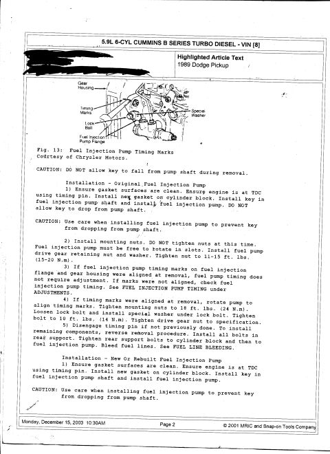 1992 Ford Bronco - Service procedure page with a fuel injection pump timing-marks figure and pump installation instructions for a Cummins diesel.