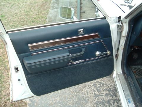 1991 Ford LTD Crown Victoria - Close-up of a car's interior door panel, showing blue fabric and vinyl trim details.