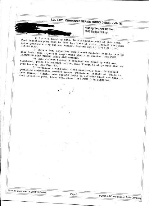 1992 Ford Bronco - Service procedure page continuing fuel injection pump installation and timing steps for a 5.9L Cummins diesel.