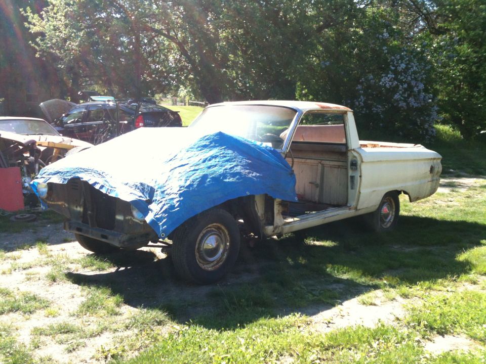 Pale yellow Ranchero project with blue tarp over front end, missing door and grille, parked on grass