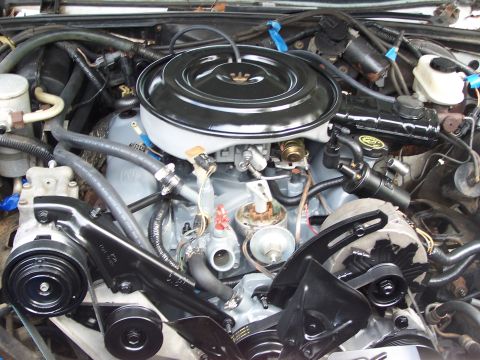 1991 Ford LTD Crown Victoria - Close-up view of a vehicle's engine bay, showing various components like the air cleaner, distributor, and alternator.