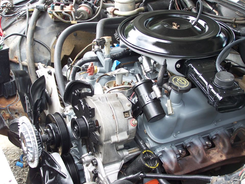 Engine bay with alternator, fan, and air cleaner assembly. Some parts are painted gray