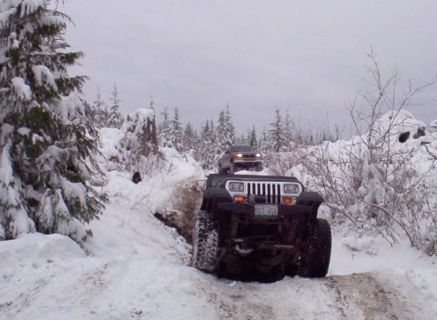 1982 Ford Bronco - Two off-road vehicles navigate a snow-covered trail in a wooded area.