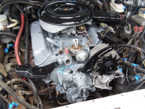 1991 Ford LTD Crown Victoria - Photograph of a freshly painted V8 engine installed in an engine bay, not a technical document.