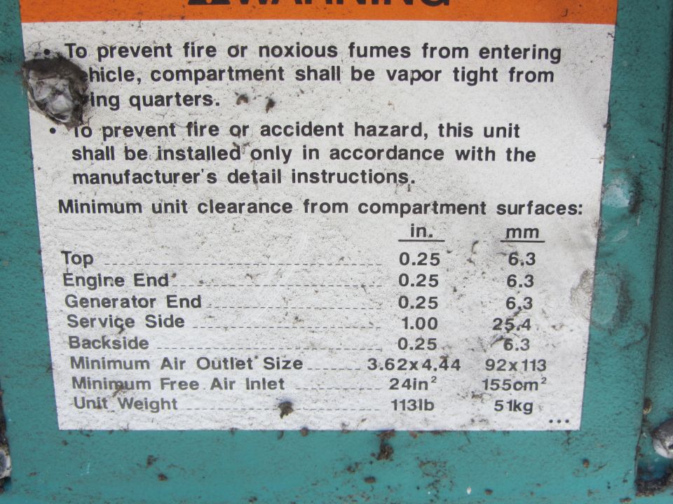Warning label detailing minimum unit clearance and weight specifications