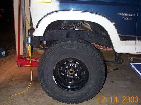 1986 Ford Bronco - 35" on a 16.5 centered about 1.5" further than stock. I am jsut using these tires to get everything in place.