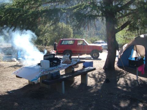 1988 Ford Bronco - A red SUV is parked at a campsite, with smoke billowing from a picnic table where cooking equipment is set up.