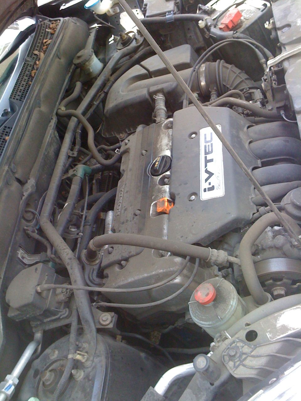 Engine bay with i-VTEC cover, hoses, and fluid reservoirs visible