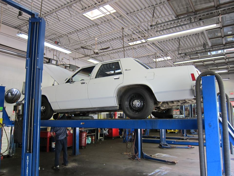 White 1991 Ford Crown Victoria LTD on a car lift with the hood up