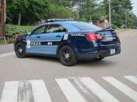 1991 Ford LTD Crown Victoria - Rear three-quarter view of a two-tone blue Durham Police Ford Interceptor sedan with a roof light bar at a crosswalk.