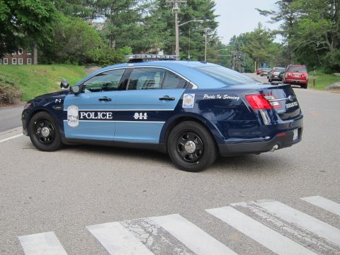 1991 Ford LTD Crown Victoria - Rear quarter view of a two-tone blue Durham Police Ford Interceptor marked 'POLICE 911 Pride In Serving' parked on a tree-lined road.