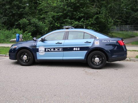 1991 Ford LTD Crown Victoria - Full side profile of a two-tone blue Ford Police Interceptor sedan lettered 'POLICE 911 Pride In Serving' parked in a lot by trees.