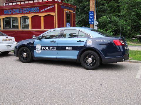 1991 Ford LTD Crown Victoria - two-tone blue Ford Police Interceptor sedan marked 'POLICE 911' parked next to a red 'Wild Child Express' food kiosk.