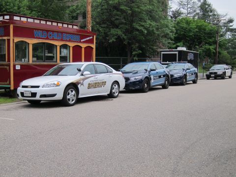 1991 Ford LTD Crown Victoria - lineup of police vehicles along a curb, including a white Sheriff Impala and blue Ford Interceptors, beside a red food kiosk.