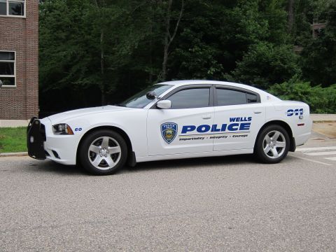 1991 Ford LTD Crown Victoria - white Dodge Charger marked 'Wells Police' unit 60 with front push bar, parked before a wooded background.