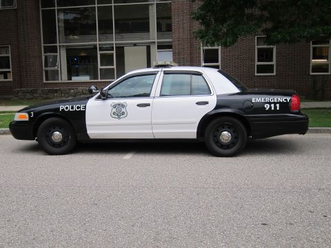 1991 Ford LTD Crown Victoria - Side view of a black and white Ford Crown Victoria police cruiser marked 'Police' and 'Emergency 911'.
