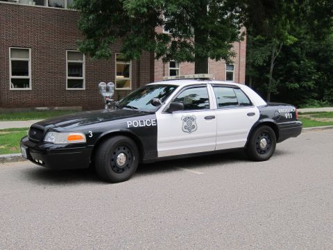 1991 Ford LTD Crown Victoria - black and white Ford Crown Victoria police cruiser marked 'Police 911' parked in front of a brick building.
