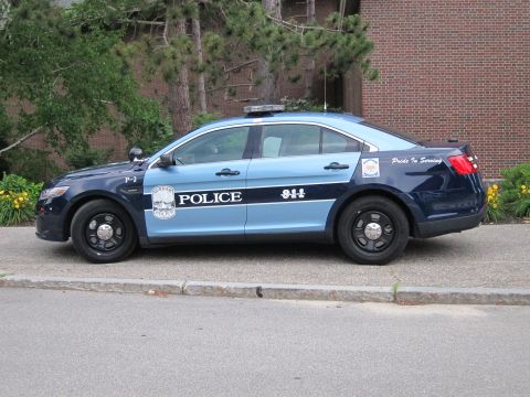 1991 Ford LTD Crown Victoria - Driver-side profile of a two-tone blue Ford police sedan marked Police 9-1-1, parked beside a brick building.