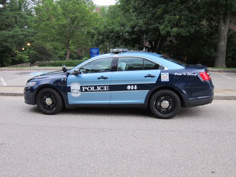 1991 Ford LTD Crown Victoria - Driver-side profile of a two-tone blue Ford police sedan, unit P-3, marked Police 9-1-1, parked beside a road and trees.