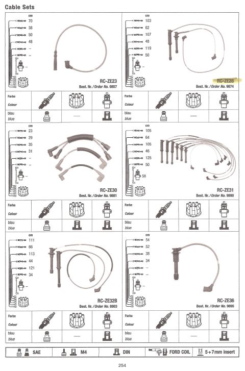 1993 Mazda MX-3 - This document displays different cable sets and their corresponding order numbers, along with diagrams of spark plugs and distributors.