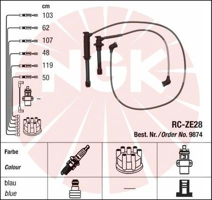 1993 Mazda MX-3 - Diagram shows spark plug wires and distributor cap with part number RC-ZE28 and lengths in cm.