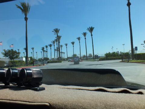 2003 Ford Crown Victoria - View out a windshield across a palm-lined parking lot, with three round gauges mounted on the dashboard and flags in the distance.