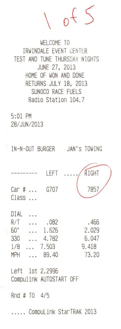 Irwindale drag strip timing slip with run data, marked 1 of 5