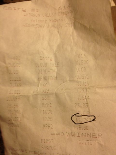 1972 Ford Ranchero - A crumpled time slip from Lebanon Valley Dragway shows race results including speed and reaction time.