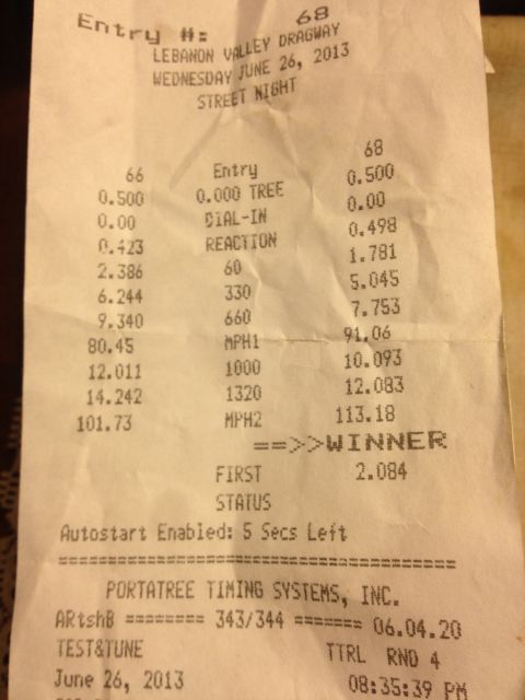 1972 Ford Ranchero - This time slip from Lebanon Valley Dragway shows race results from June 26, 2013.