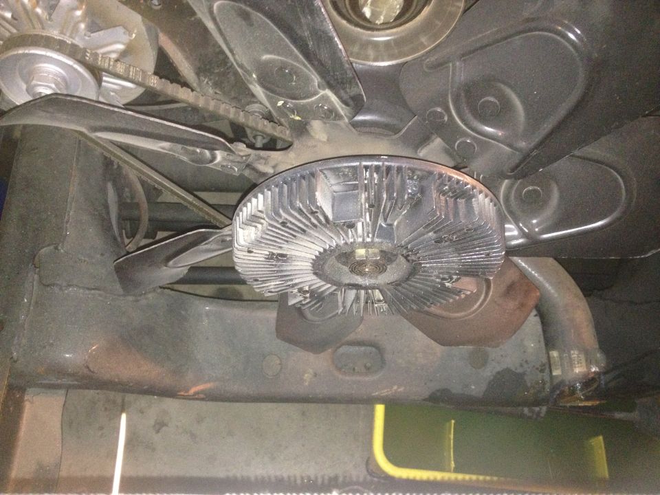 Engine fan clutch and serpentine belt assembly viewed from below