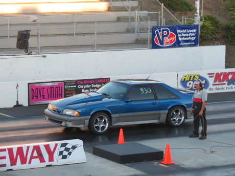 1990 Ford Mustang - Blue 1990 Ford Mustang coupe at the drag strip, identified by its body style and number 330.
