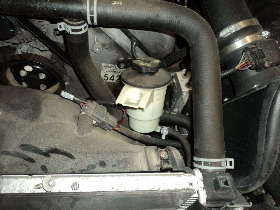 Engine bay showing power steering fluid reservoir, hoses, and belt pulley