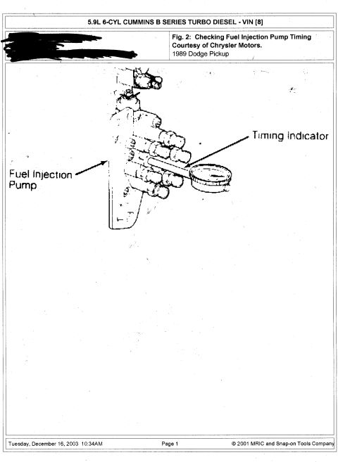1992 Ford Bronco - Scanned service-manual figure showing how to check fuel injection pump timing using a timing indicator on a 5.9L Cummins diesel.