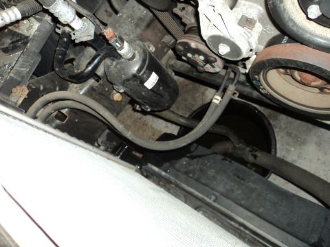 2004 Mercury Grand Marquis - Close-up view of engine bay components including hoses, pulleys, and a black canister.