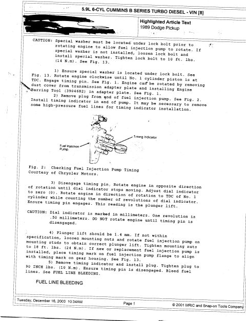 1992 Ford Bronco - Service procedure page covering fuel injection pump timing check with a timing-indicator figure and plunger-lift steps.