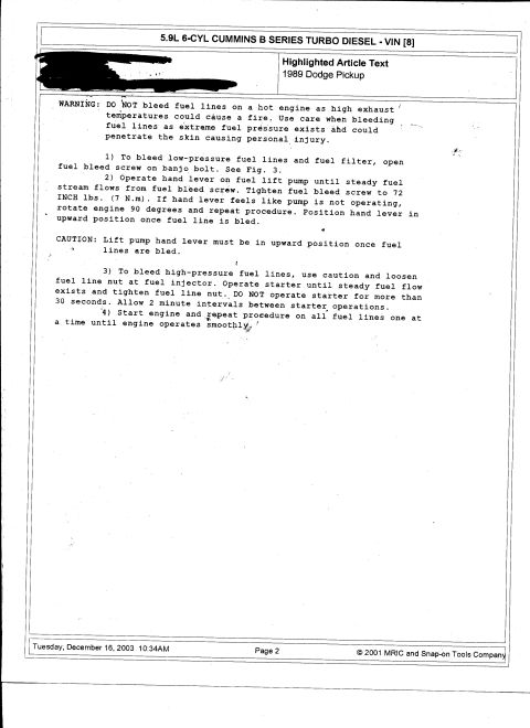 1992 Ford Bronco - Service procedure page describing low- and high-pressure fuel line bleeding for a 5.9L Cummins turbo diesel.