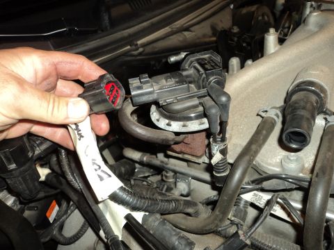 2004 Mercury Grand Marquis - A hand disconnects a wire harness connector from an engine component, likely during maintenance or repair.