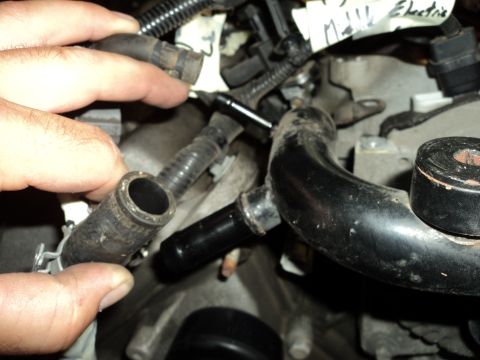2004 Mercury Grand Marquis - A hand disconnects a hose in the engine bay, with visible tape labeling 'Mll Electric'.