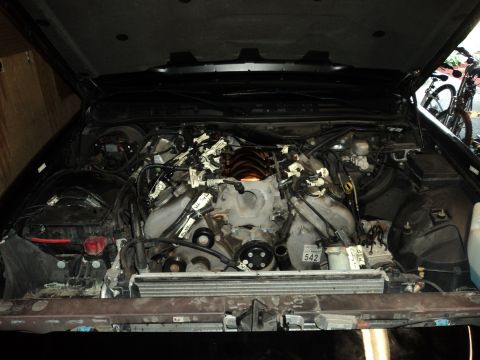 2004 Mercury Grand Marquis - The engine bay of a 2004 Mercury Grand Marquis is viewed from above with the hood open.