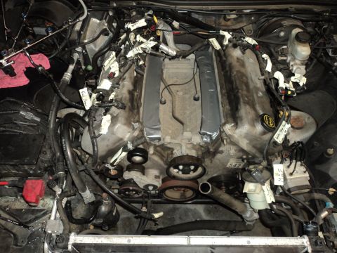 2004 Mercury Grand Marquis - Engine bay with numerous wires labeled, suggesting a complex modification or repair process.