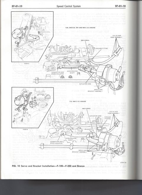 1979 Ford Bronco - Diagram shows servo and bracket installation for F-100, F-350, and Bronco models.