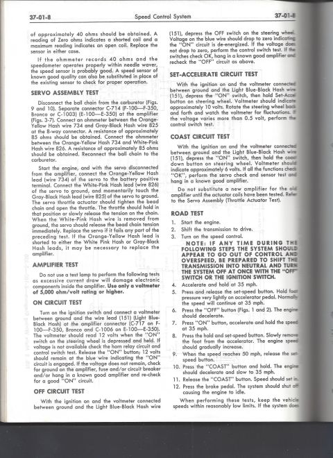 1979 Ford Bronco - This document outlines diagnostic procedures for the speed control system, referencing specific wire colors and connectors.