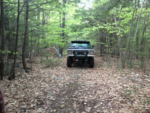 1979 Ford Bronco - This 1979 Ford Bronco is captured from the front, parked on a leaf-covered dirt path within a dense forest setting.